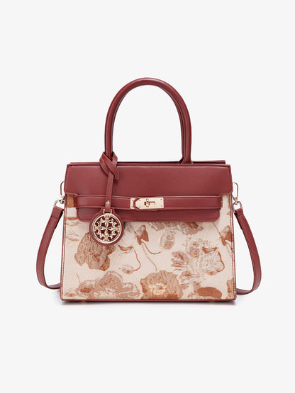 Classic Floral Vegan Eco-Leather Tote Clutch Bag with Metal Ornament Charm