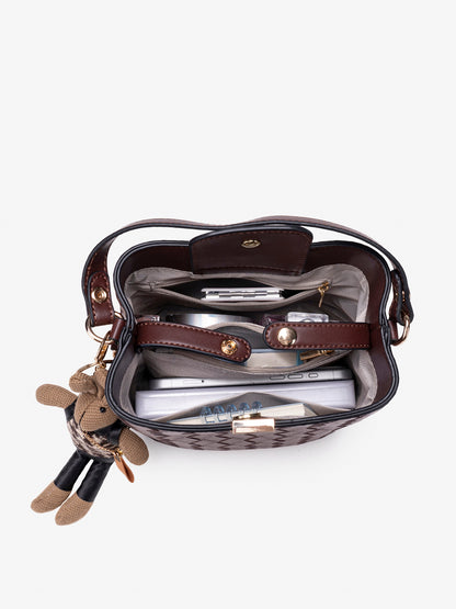 Retro Woven Vegan Eco-Leather Bucket Clutch Bag With Stuffed Bunny Charm