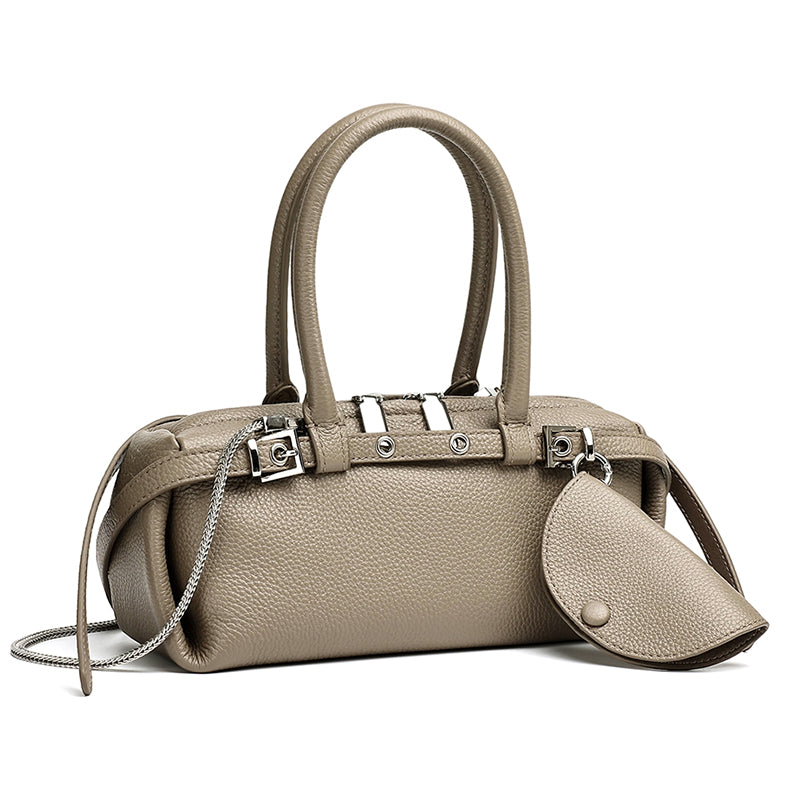 Refined Genuine Leather Petite Boston Clutch Bag with Mini Pouch