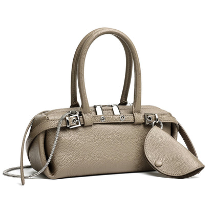 Refined Genuine Leather Petite Boston Clutch Bag with Mini Pouch