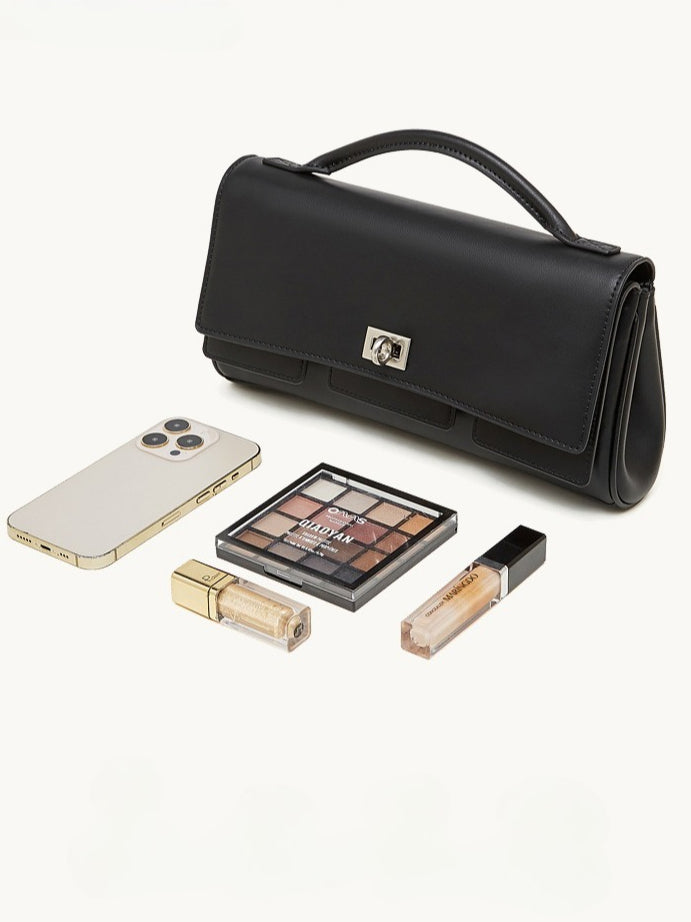 The Linear Turn-Lock Genuine Leather Bag | Minimalist East-West Handbag