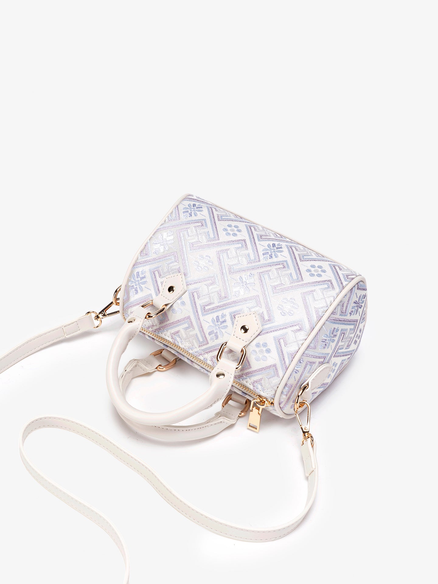 Refined Oriental Brocade Motif Vegan Eco-Leather Boston Clutch Bag