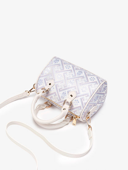 Refined Oriental Brocade Motif Vegan Eco-Leather Boston Clutch Bag