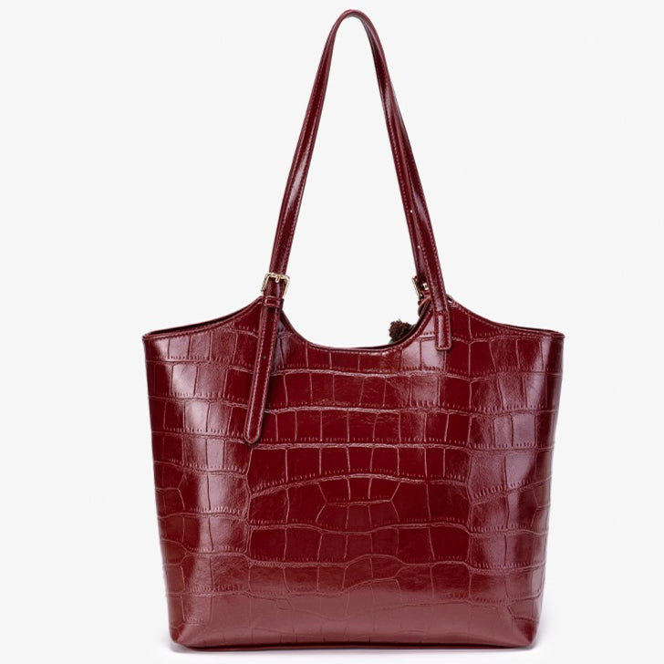 Glossy Croc Vegan Eco-Leather Shoulder Tote Bag With Bear Charm