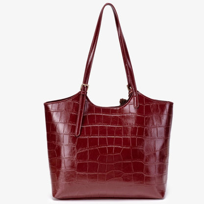Glossy Croc Vegan Eco-Leather Shoulder Tote Bag With Bear Charm
