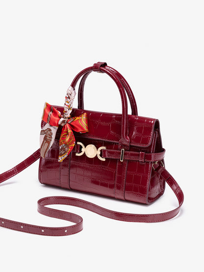 Gentle Glossy Croc Vegan Eco-Leather Satchel Clutch Bag with Silk Scarf Charm