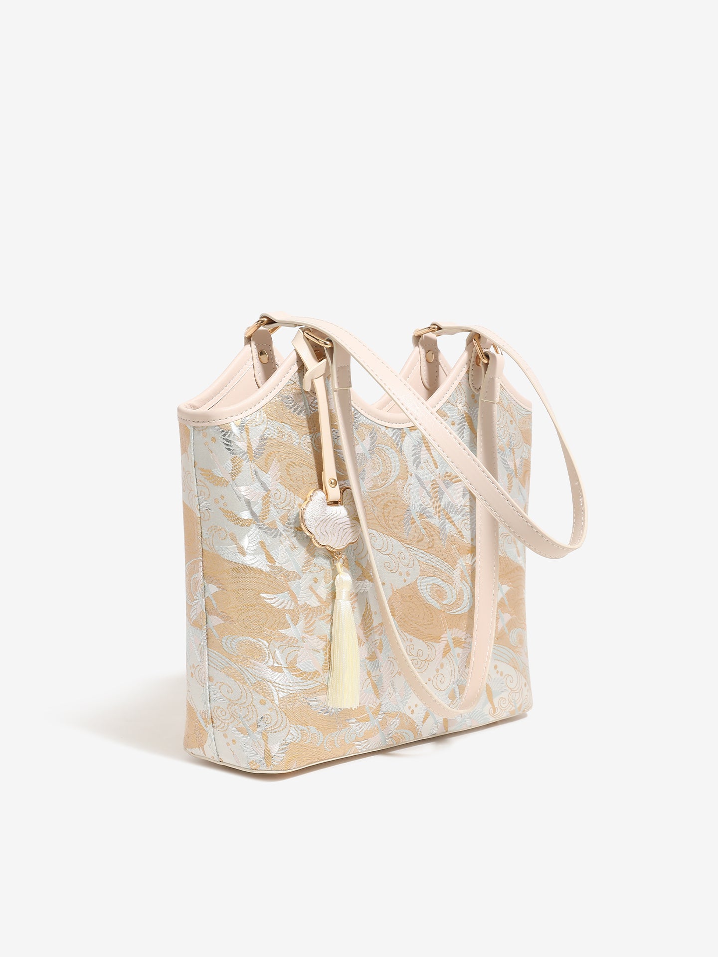 Ethereal Crane Pattern Vegan Eco-Leather Tote Clutch Bag with Tassel Charm