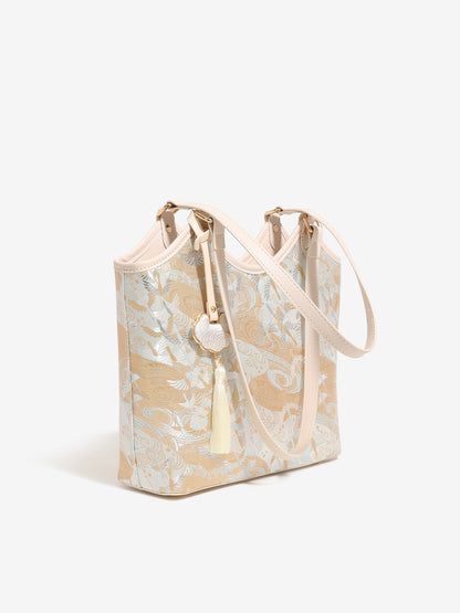Ethereal Crane Pattern Vegan Eco-Leather Tote Clutch Bag with Tassel Charm