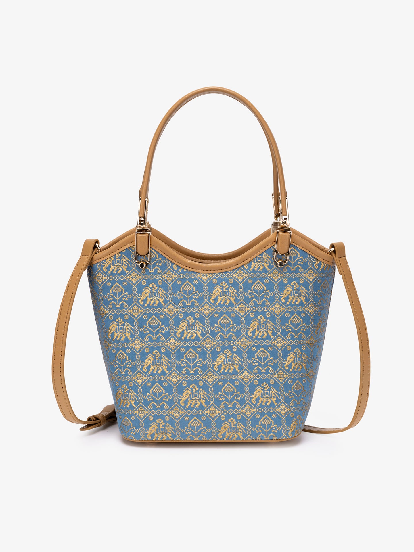 Refined Golden Elephant Motif Vegan Eco-Leather Bucket Clutch Bag