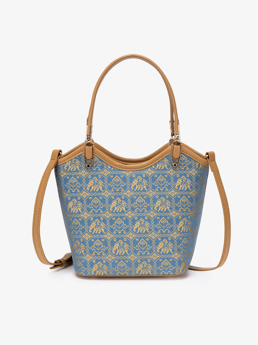 Refined Golden Elephant Motif Vegan Eco-Leather Bucket Clutch Bag