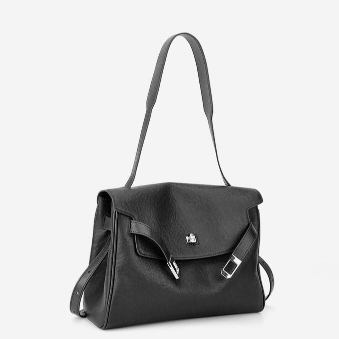 Vintage Lock-Accent Satchel Crossbody Genuine Leather Bag