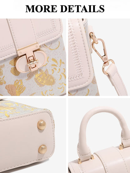 Elegant Oriental Jacquard Mini Flap Phone Clutch Bag with Furry Charm