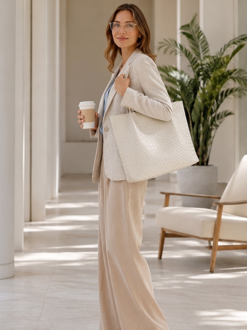 Minimalist Woven Genuine Leather Spacious Tote Clutch Bag