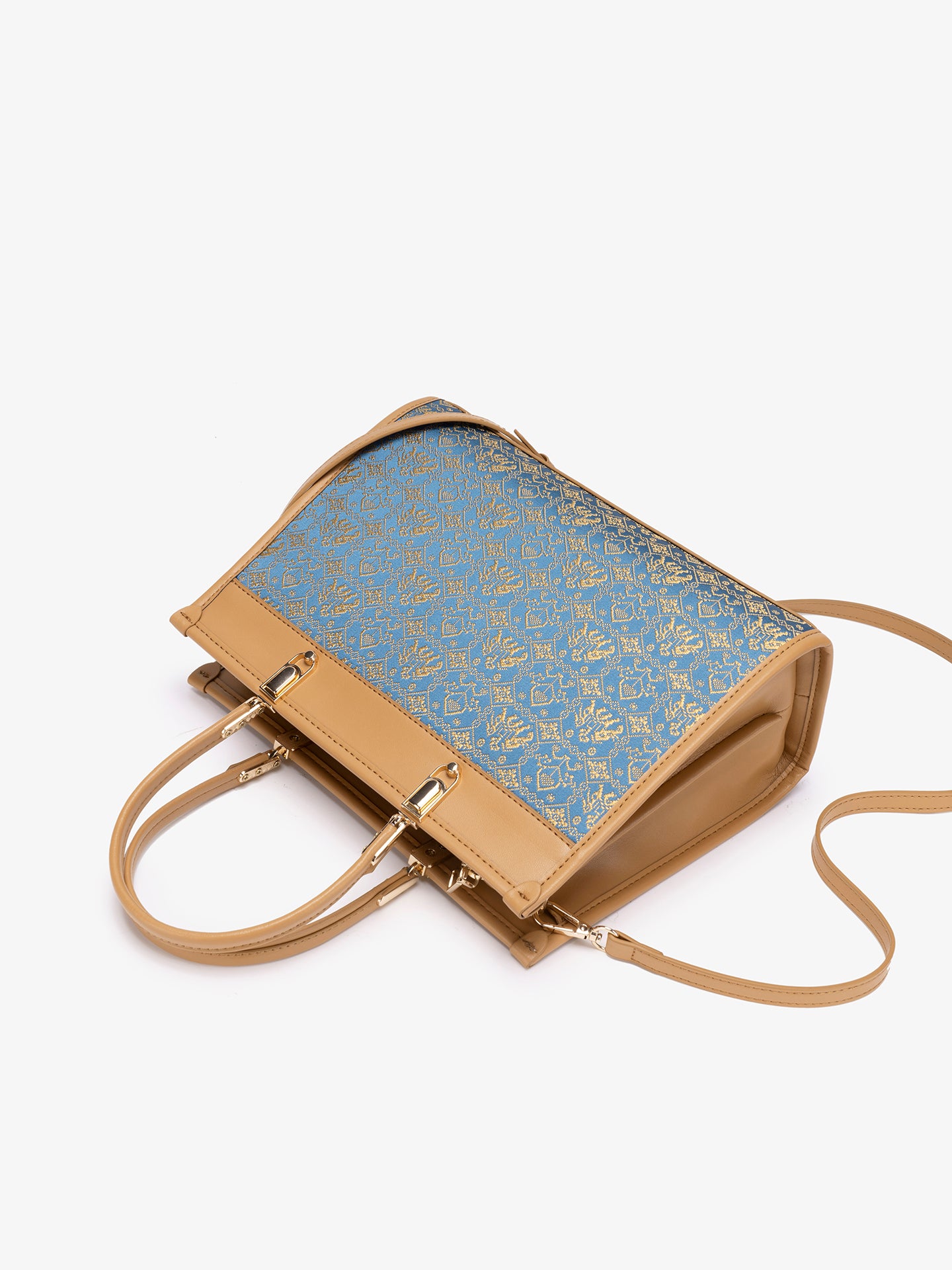 Ornate Geometric Golden Elephant Motif Vegan Eco-Leather Satchel Clutch Bag