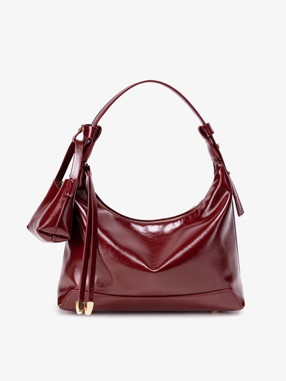 Retro Glossy Vegan Eco-Leather Hobo Bag with Mini Pouch