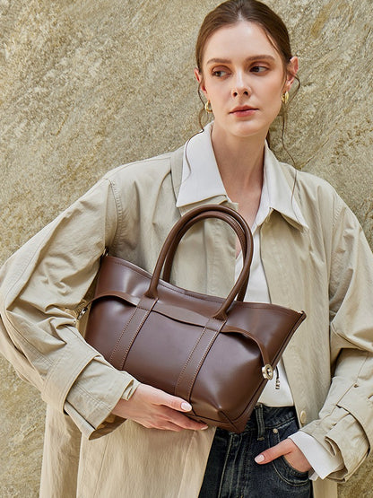 Italian Luxury Plain Genuine Leather Cowhide Large Tote Crossbody Bag