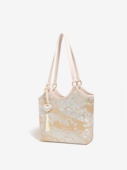 Ethereal Crane Pattern Vegan Eco-Leather Tote Clutch Bag with Tassel Charm