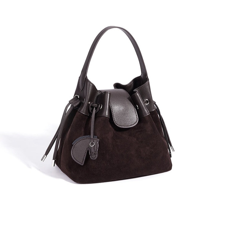 Chic Suede Leather Drawstring Bucket Bag with Horse Charm