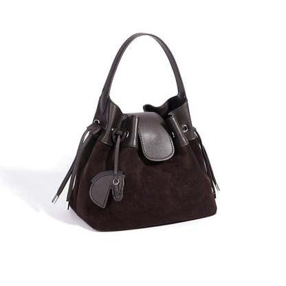 Chic Suede Leather Drawstring Bucket Bag with Horse Charm