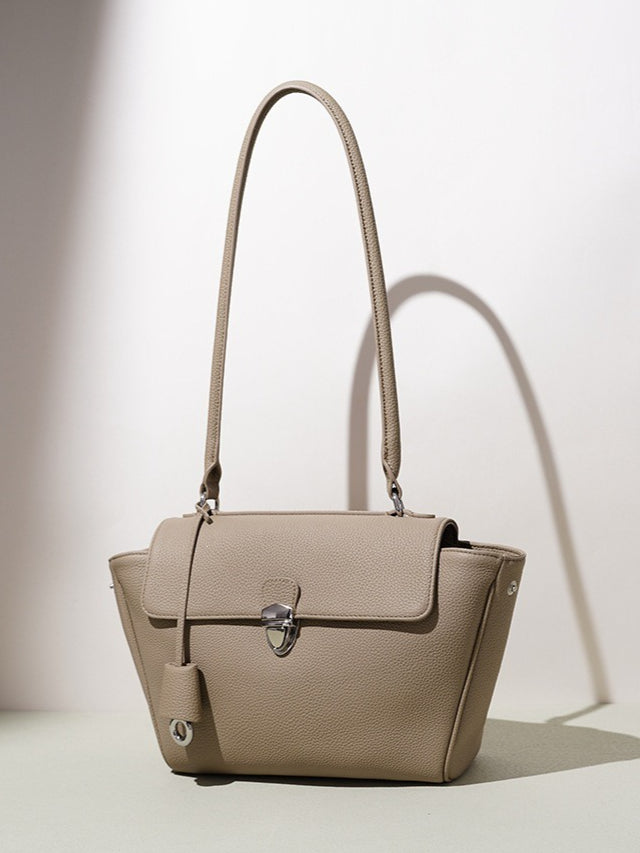 Quiet Luxe Pebbled Genuine Leather Winged Flap Tote Clutch Bag