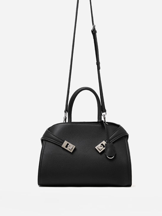 Luxury Retro Genuine Leather Lychee Pattern Double Buckle Tote Crossbody Bag