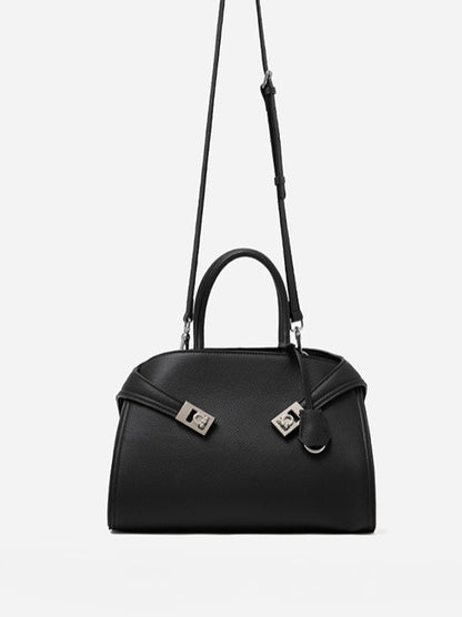 Luxury Retro Genuine Leather Lychee Pattern Double Buckle Tote Crossbody Bag