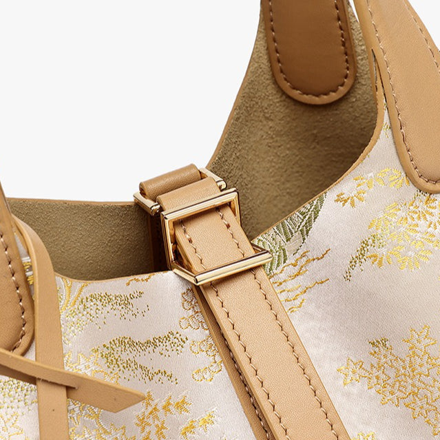 Serene Oriental Garden Genuine Leather Bucket Clutch Bag with Charm
