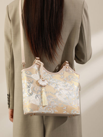 Ethereal Crane Pattern Vegan Eco-Leather Tote Clutch Bag with Tassel Charm