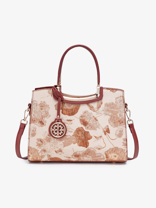 Romantic Floral Vegan Eco-Leather Tote Clutch Bag with Hollow Metal Charm