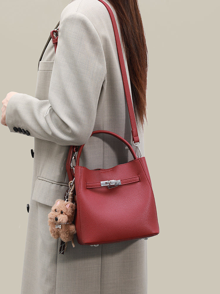 Minimalist Vegan Eco-Leather Mini Bucket Clutch Bag with Lovely Dog Charm