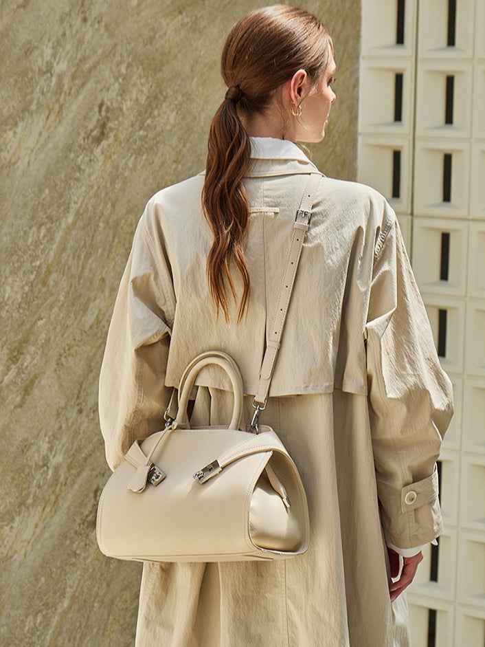 Luxury Retro Genuine Leather Lychee Pattern Double Buckle Tote Crossbody Bag