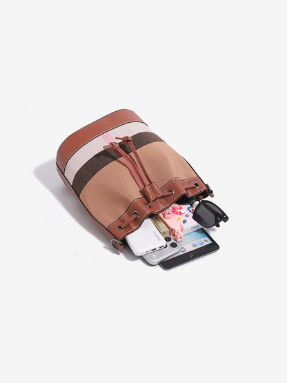 Vintage Plaid Vegan Eco-Leather Bucket Clutch Bag