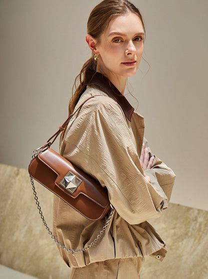 Minimalist Smooth Genuine Leather Silver Buckle Baguette Bag