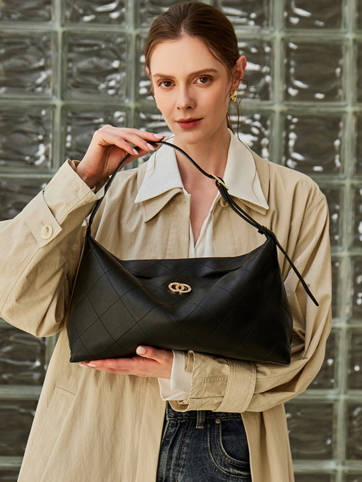 Elegant Quilted Sheepskin Leather Hobo Clutch Bag