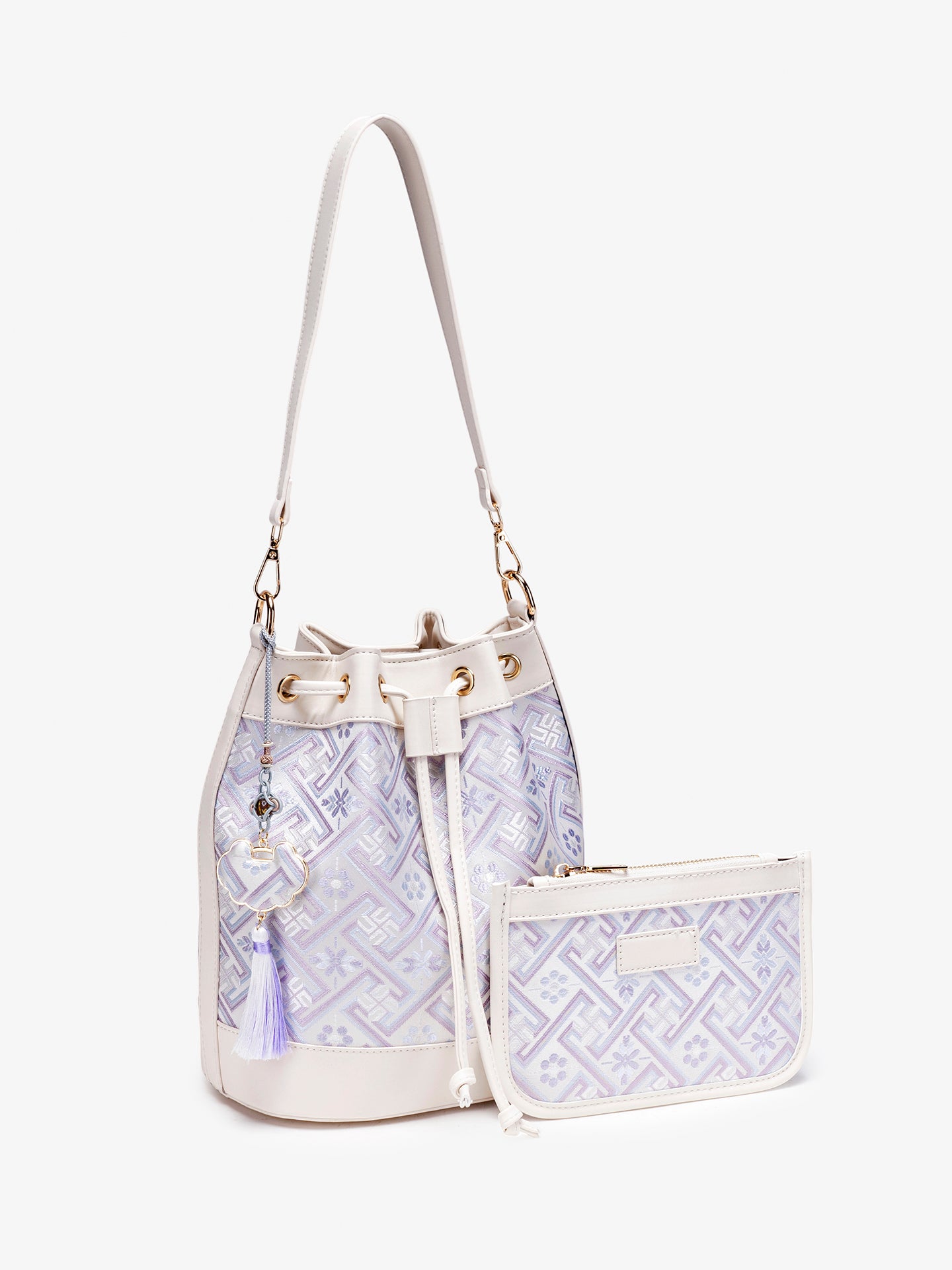 Gentle Oriental Brocade Vegan Eco-Leather Bucket Clutch Bag with Tassel Charm