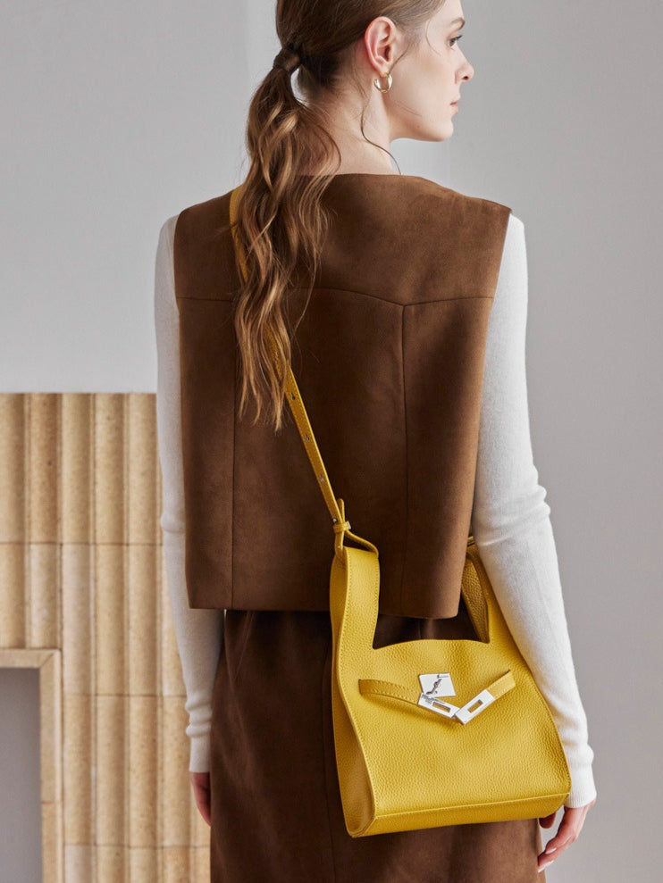 Classic Genuine Leather Chic Daily Crossbody Bucket Bag