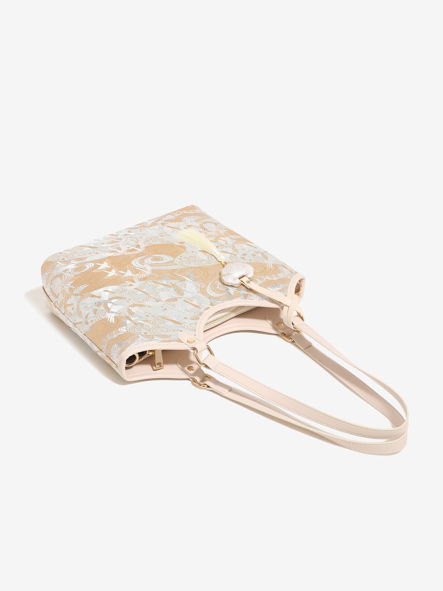 Ethereal Crane Pattern Vegan Eco-Leather Tote Clutch Bag with Tassel Charm