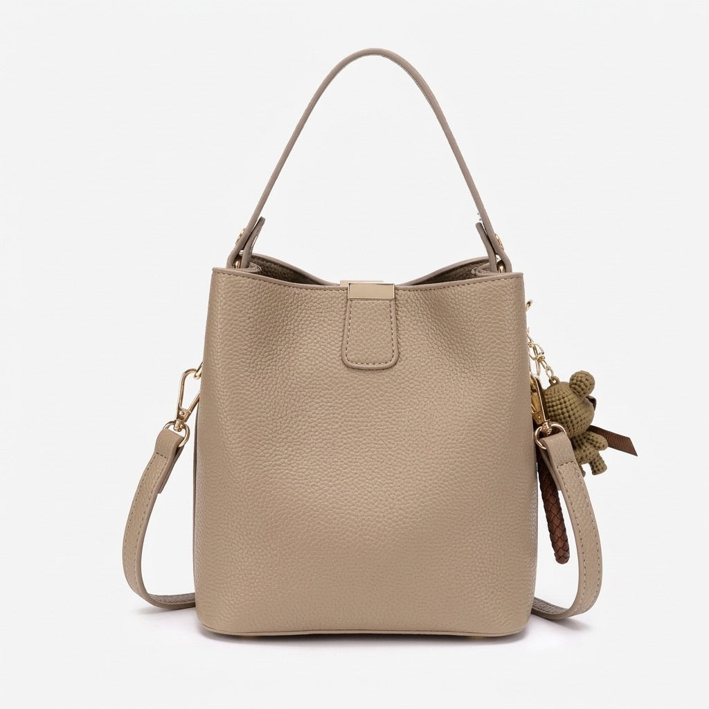 Minimalist Pebbled Vegan Eco-Leather Bucket Clutch Bag with Bear Charm
