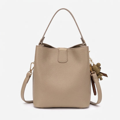 Minimalist Pebbled Vegan Eco-Leather Bucket Clutch Bag with Bear Charm