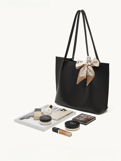 Parisian Chic Genuine Leather Bag - Minimalist Large Tote with Silk Scarf Accent