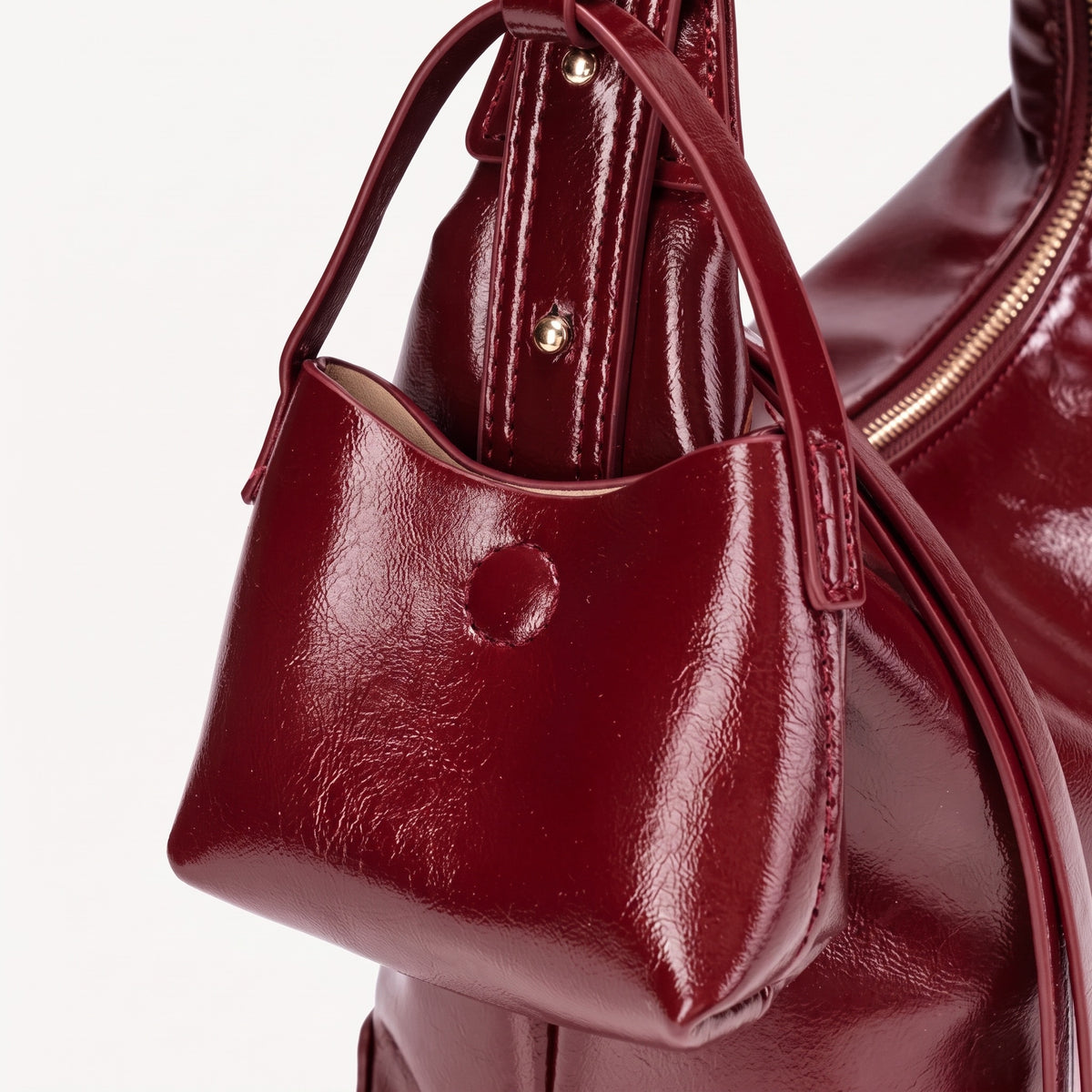 Retro glänzende Hobo Bag aus veganem Öko-Leder mit Mini-Tasche  