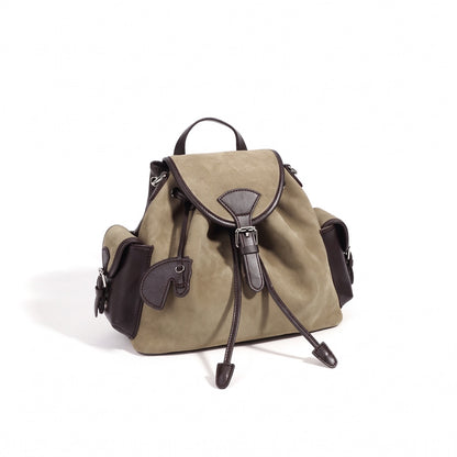Mochila vintage de cuero genuino de ante con solapa y cordón