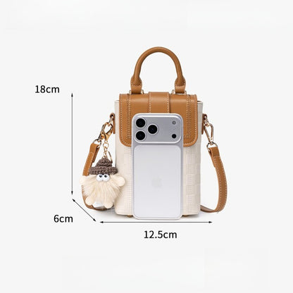 Elegant Color-Block Vegan Eco-Leather Clutch Phone Bag with Fluffy Charm