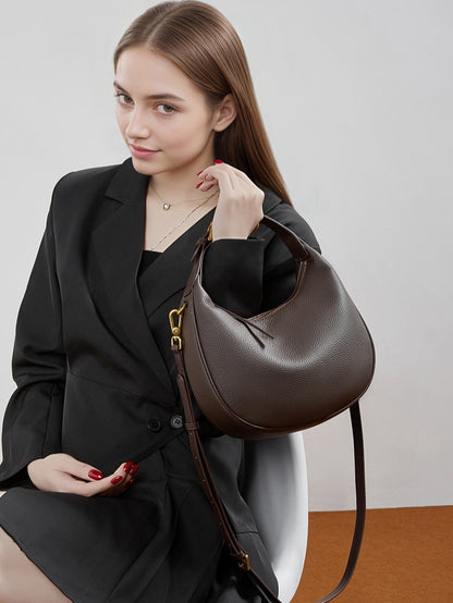 Modern Half-Moon Genuine Leather Bag - Versatile 2-Way Carry Pebbled Hobo