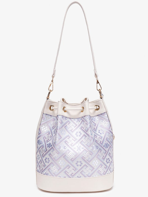 Gentle Oriental Brocade Vegan Eco-Leather Bucket Clutch Bag with Tassel Charm