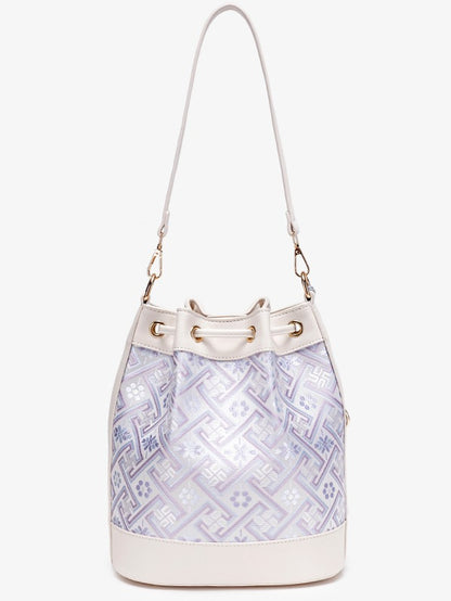 Gentle Oriental Brocade Vegan Eco-Leather Bucket Clutch Bag with Tassel Charm