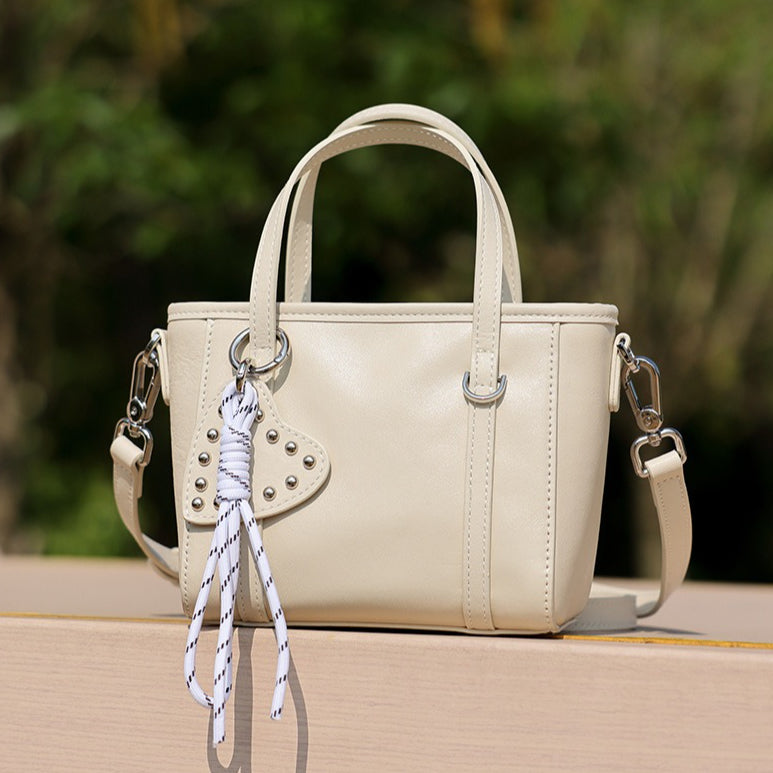 Sculpted Genuine Leather Mini Tote Crossbody Bag with Signature Heart Charm