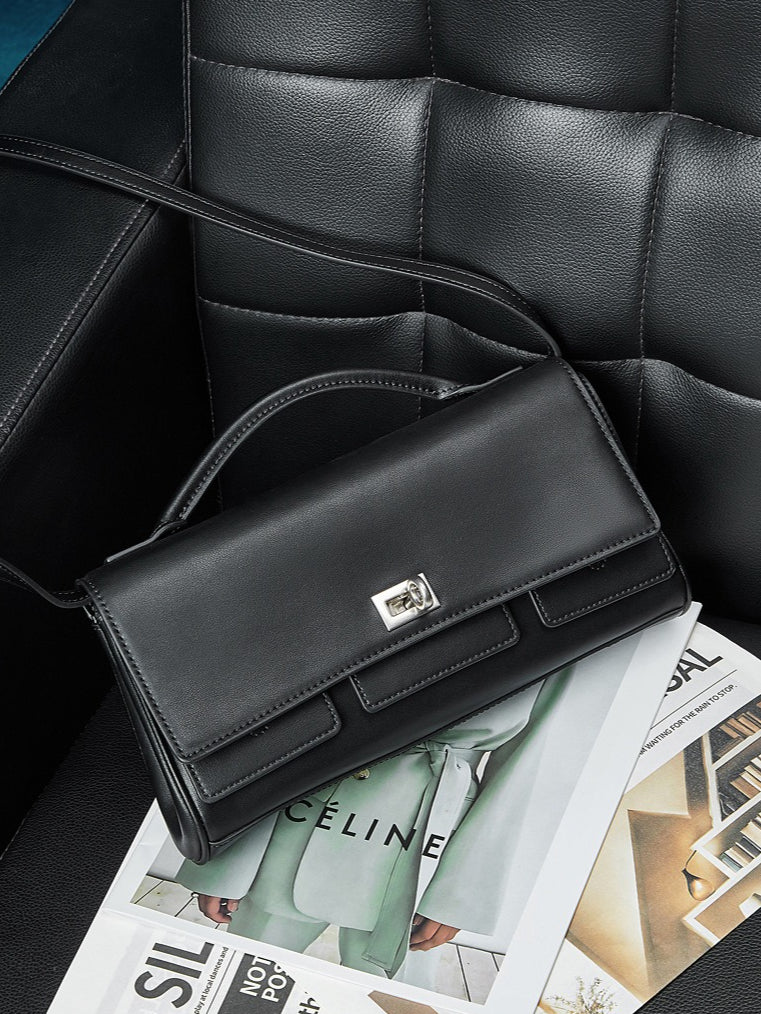 The Linear Turn-Lock Genuine Leather Bag | Minimalist East-West Handbag
