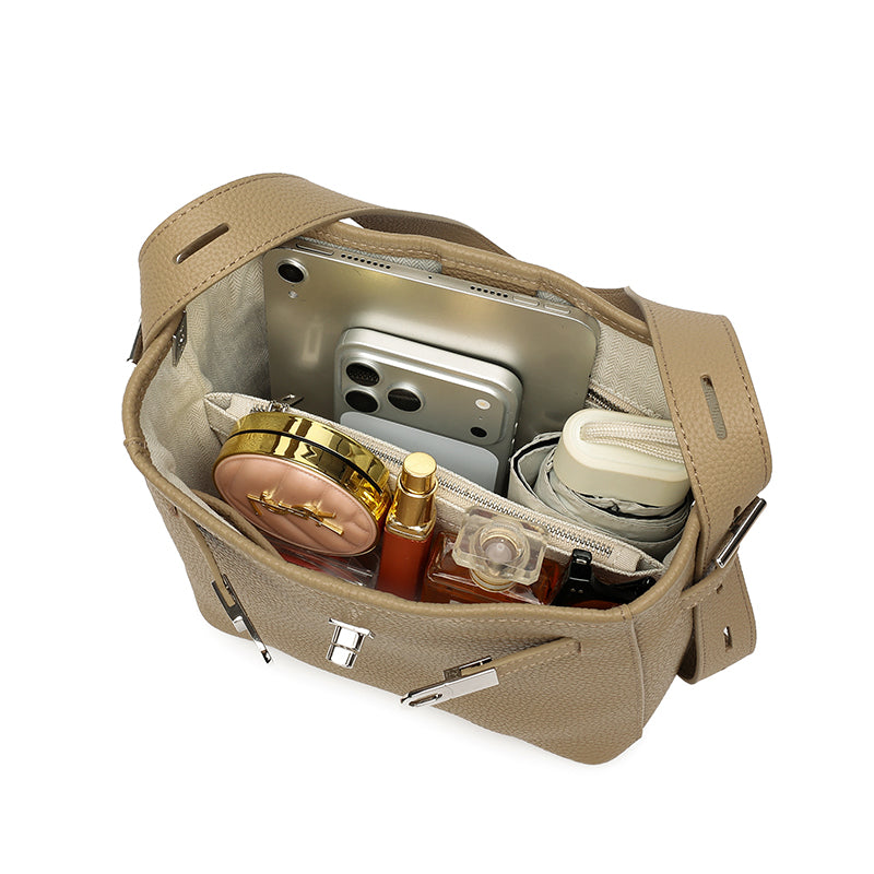 Borsa a secchiello senza tempo in vera pelle con hardware di lusso doppio D lucido