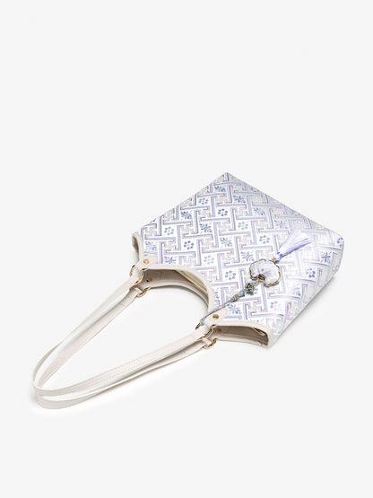 Refined Brocade Vegan Eco-Leather Tote Clutch Bag with Intricate Tassel Charm